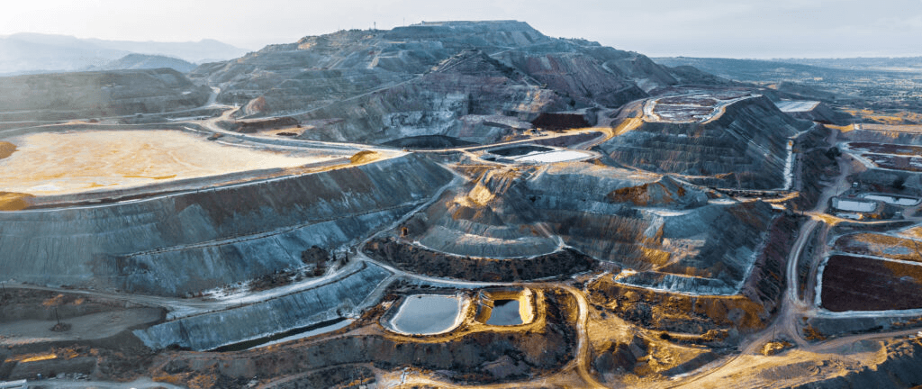 Aerial view of mining facility and tailings storage